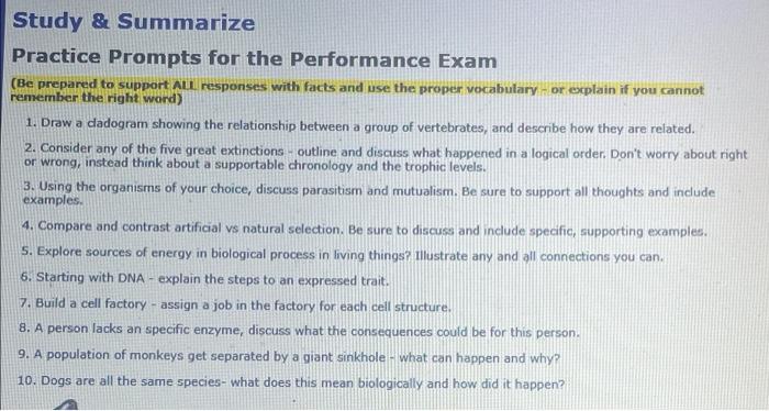 Study Summarize Practice Prompts For The Performance Exam Be Prepared To Support All Responses With Facts And Use The 1