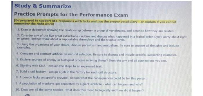 Study Summarize Practice Prompts For The Performance Exam Be Prepared To Support All Responses With Facts And Use The 1