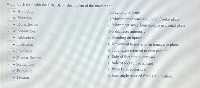 Match Each Term With The One Best Description Of The Movement Abduction Eversion Dorsiflexion Supination Addu 1