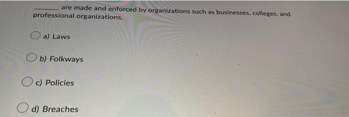 Are Made And Enforced By Organizations Such As Businesses Colleges And Professional Organizations A Laws Ob Folkway 1