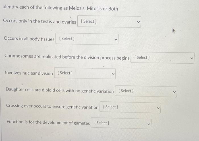 Identify Each Of The Following As Meiosis Mitosis Or Both Occurs Only In The Testis And Ovaries Select Occurs In All 1