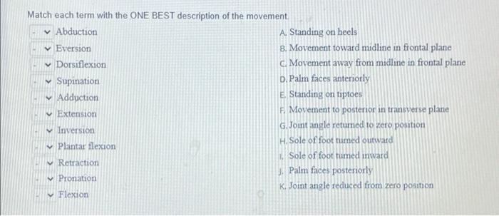 Match Each Term With The One Best Description Of The Movement Abduction Eversion Dorsiflexion Supination Adduct 1