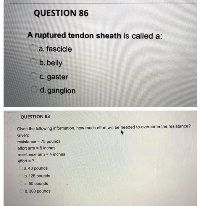 Question 86 A Ruptured Tendon Sheath Is Called A A Fascicle B Belly C Gaster D Ganglion Question 83 Given The Follow 1