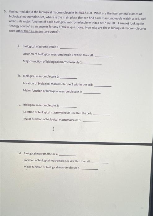 5 You Learned About The Biological Macromolecules In Biol 160 What Are The Four General Classes Of Biological Macromol 1