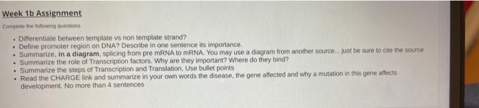 Week 1b Assignment Complete The Following Questions Differentiate Between Template Vs Non Template Strand Define Pr 1
