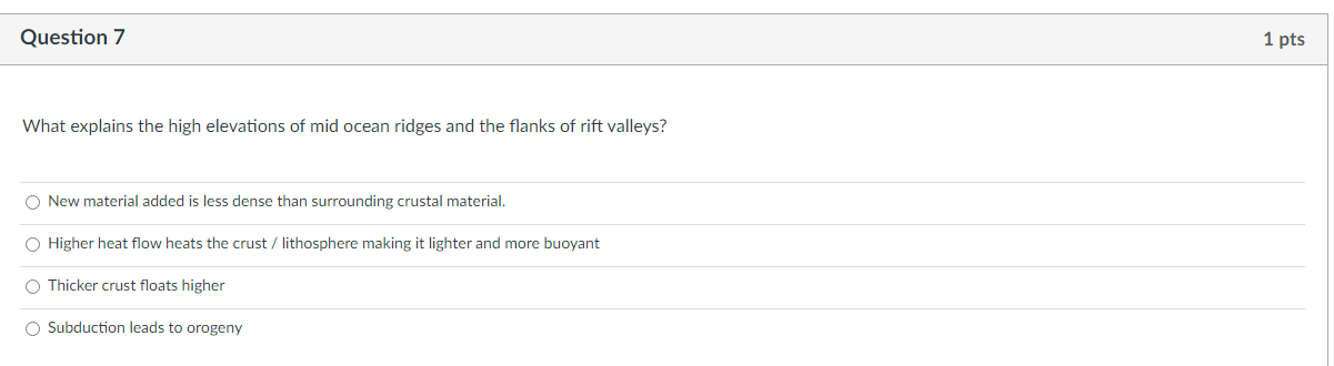 Question 7 What Explains The High Elevations Of Mid Ocean Ridges And The Flanks Of Rift Valleys O New Material Added Is 1