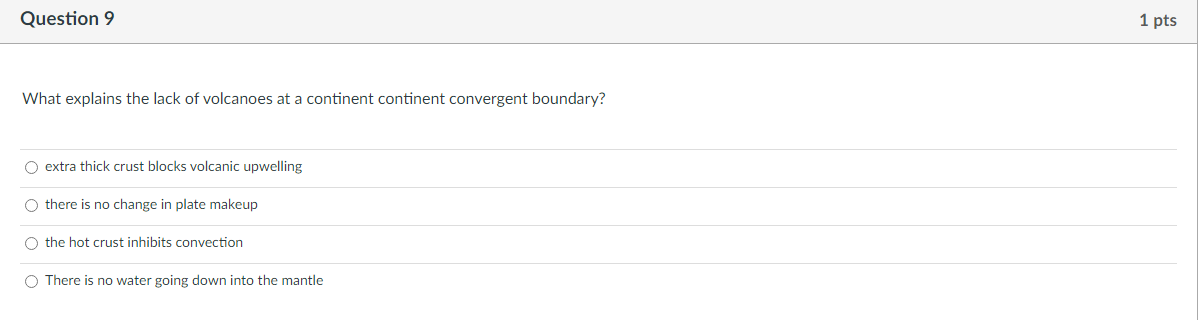 Question 9 What Explains The Lack Of Volcanoes At A Continent Continent Convergent Boundary O Extra Thick Crust Blocks 1