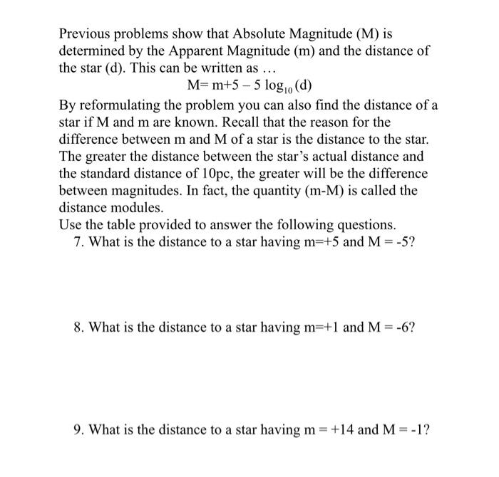 Previous Problems Show That Absolute Magnitude M Is Determined By The Apparent Magnitude M And The Distance Of The S 1