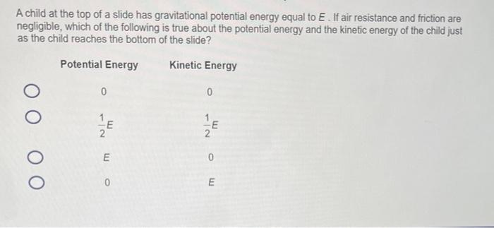 A Child At The Top Of A Slide Has Gravitational Potential Energy Equal To E If Air Resistance And Friction Are Negligib 1