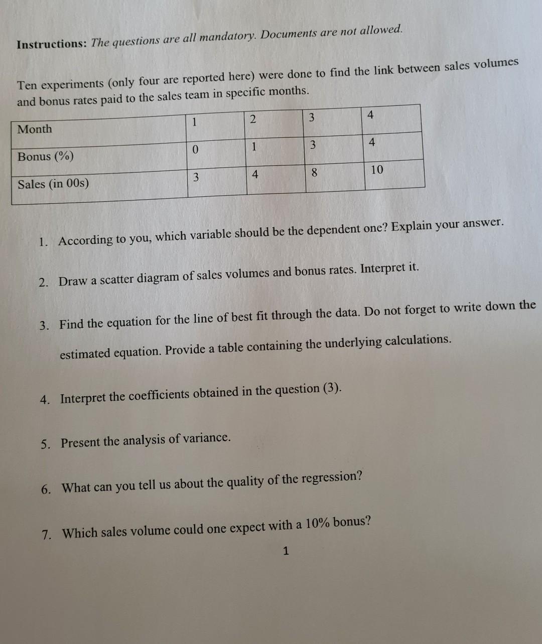 Instructions The Questions Are All Mandatory Documents Are Not Allowed Ten Experiments Only Four Are Reported Here 1