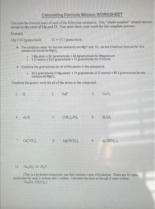 Calculating Formula Masses Worksheet Calculate The Formula Mass Of Each Of The Following Substances Use Whole Number 1