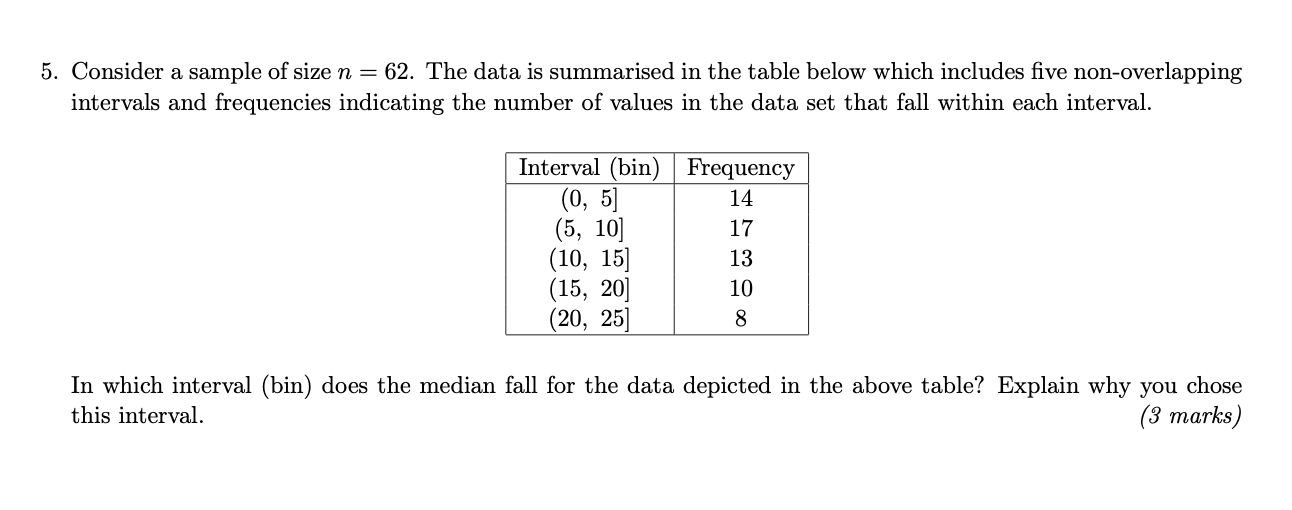 5 Consider A Sample Of Size N 62 The Data Is Summarised In The Table Below Which Includes Five Non Overlapping Inter 1