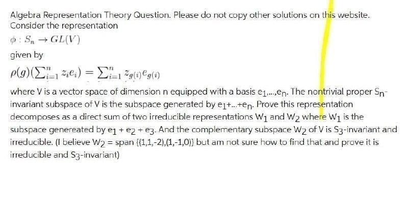 Algebra Representation Theory Question Please Do Not Copy Other Solutions On This Website Consider The Representatio 1