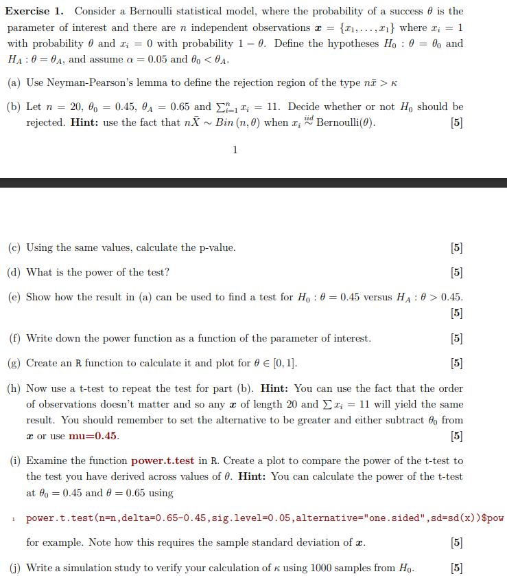 9 Exercise 1 Consider A Bernoulli Statistical Model Where The Probability Of A Success Is The Parameter Of Interest An 1