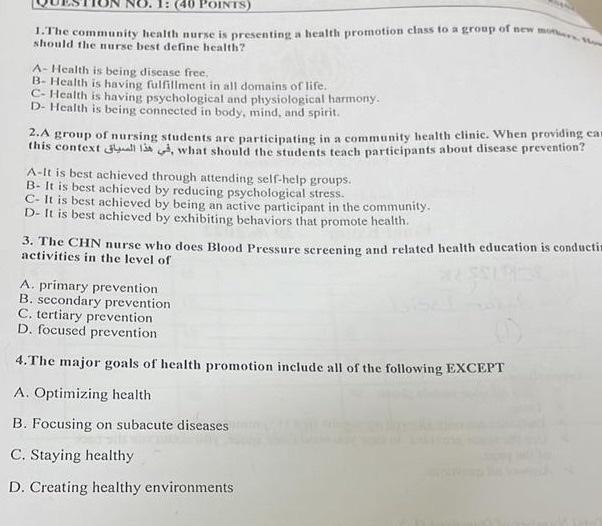 No 1 40 Points 1 The Community Health Nurse Is Presenting A Health Promotion Class To A Group Of New Mon Should The 1