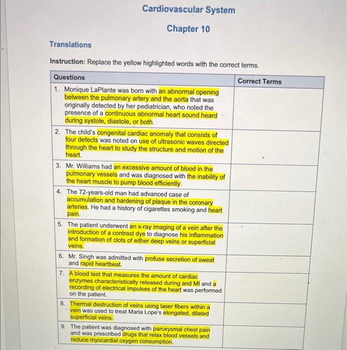 Cardiovascular System Chapter 10 Translations Instruction Replace The Yellow Highlighted Words With The Correct Terms 1