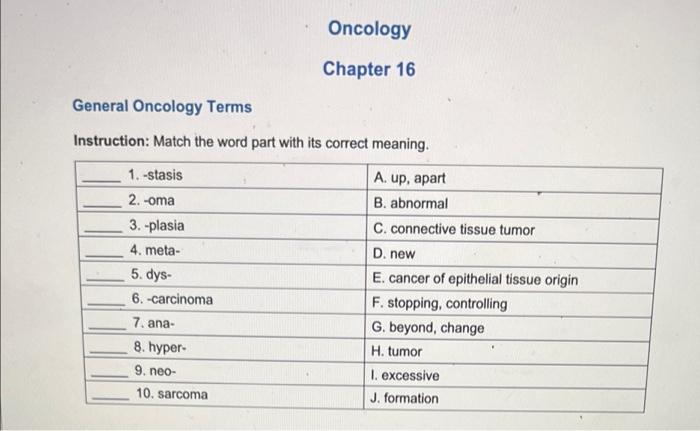 Oncology Chapter 16 General Oncology Terms Instruction Match The Word Part With Its Correct Meaning A Up Apart B Ab 1