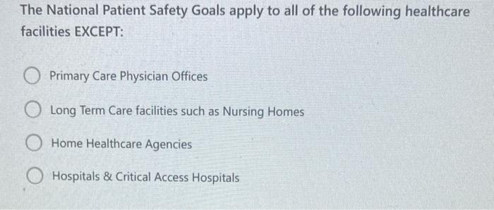 The National Patient Safety Goals Apply To All Of The Following Healthcare Facilities Except Primary Care Physician Off 1