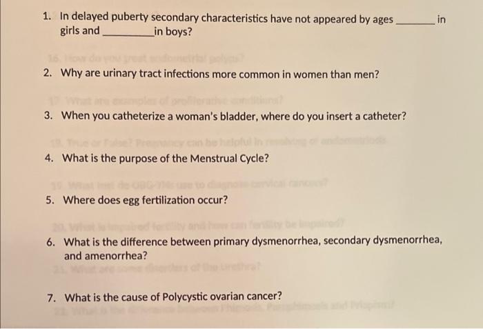 1 In Delayed Puberty Secondary Characteristics Have Not Appeared By Ages Girls And In Boys 2 Why Are Urinary Tract I 1