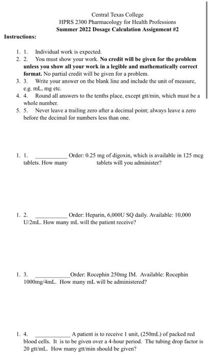 Instructions 1 1 Individual Work Is Expected 2 2 You Must Show Your Work No Credit Will Be Given For The Problem 1