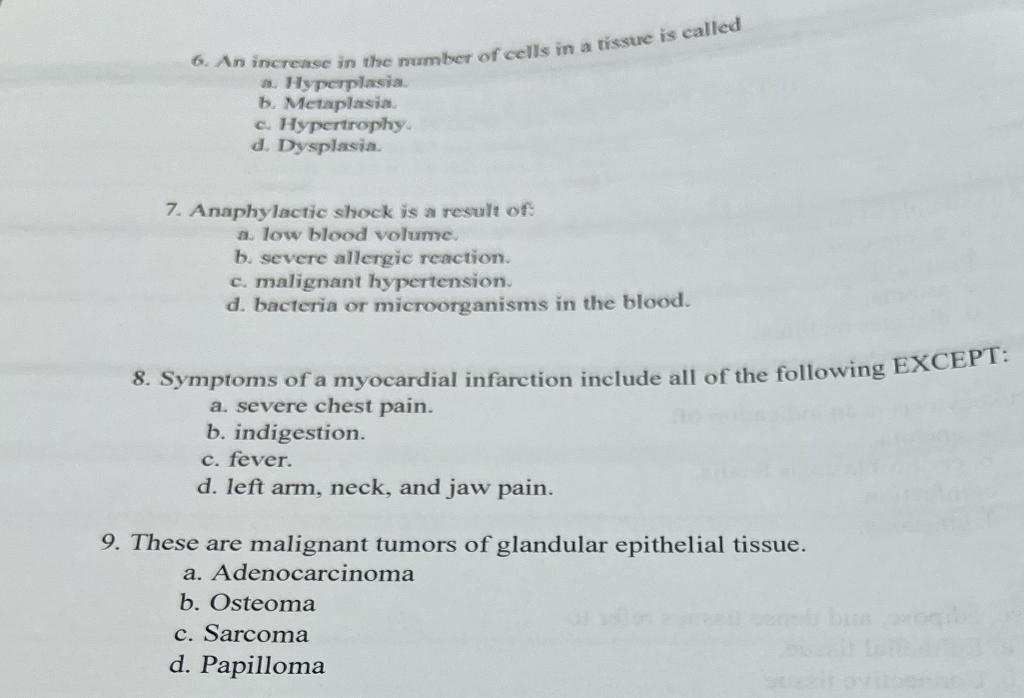 6 An Increase In The Number Of Cells In A Tissue Is Called A Hyperplasia B Metaplasia C Hypertrophy D Dysplasia 1