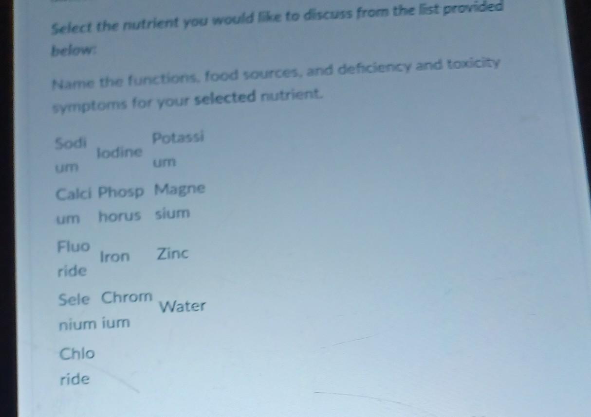 Select The Nutrient You Would Like To Discuss From The List Provided Below Name The Functions Food Sources And Defici 1