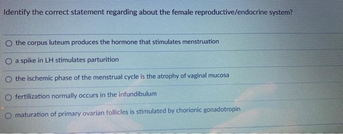 Identify The Correct Statement Regarding About The Female Reproductive Endocrine System O The Corpus Luteum Produces Th 1