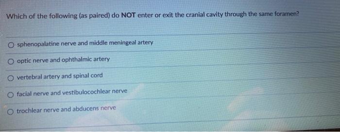 Which Of The Following As Paired Do Not Enter Or Exit The Cranial Cavity Through The Same Foramen Osphenopalatine Ner 1