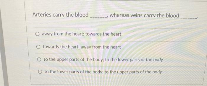 Arteries Carry The Blood Whereas Veins Carry The Blood O Away From The Heart Towards The Heart O Towards The Heart Awa 1