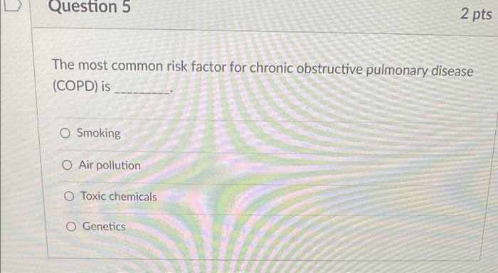 Question 5 The Most Common Risk Factor For Chronic Obstructive Pulmonary Disease Copd Is O Smoking O Air Pollution O T 1
