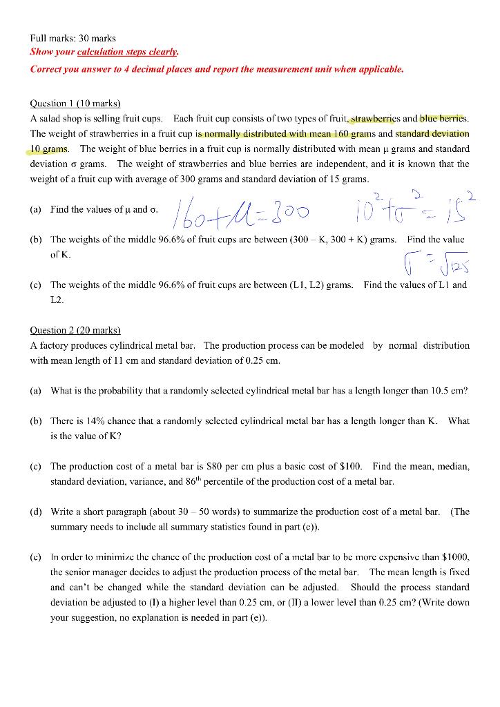 Full Marks 30 Marks Show Your Calculation Steps Clearly Correct You Answer To 4 Decimal Places And Report The Measurem 1