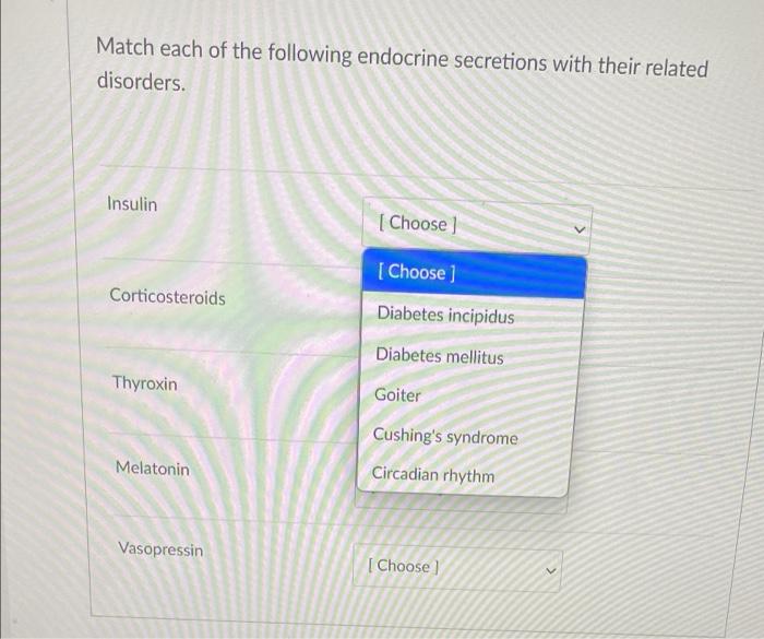 Match Each Of The Following Endocrine Secretions With Their Related Disorders Insulin Corticosteroids Thyroxin Melatoni 2