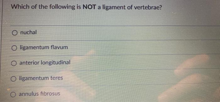 Which Of The Following Is Not A Ligament Of Vertebrae O Nuchal O Ligamentum Flavum O Anterior Longitudinal O Ligamentum 1
