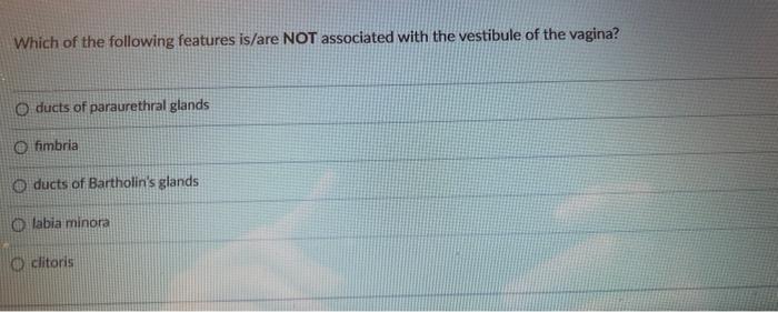 Which Of The Following Features Is Are Not Associated With The Vestibule Of The Vagina Oducts Of Paraurethral Glands Of 1