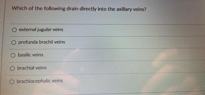 Which Of The Following Drain Directly Into The Axillary Veins O External Jugular Veins O Profunda Brachii Veins O Basil 1