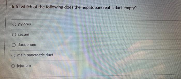 Into Which Of The Following Does The Hepatopancreatic Duct Empty Opylorus Ocecum O Duodenum Main Pancreatic Duct Jejunu 1