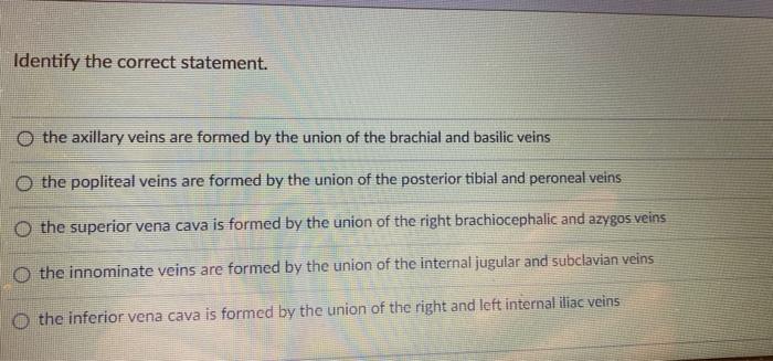 Identify The Correct Statement O The Axillary Veins Are Formed By The Union Of The Brachial And Basilic Veins The Popli 1