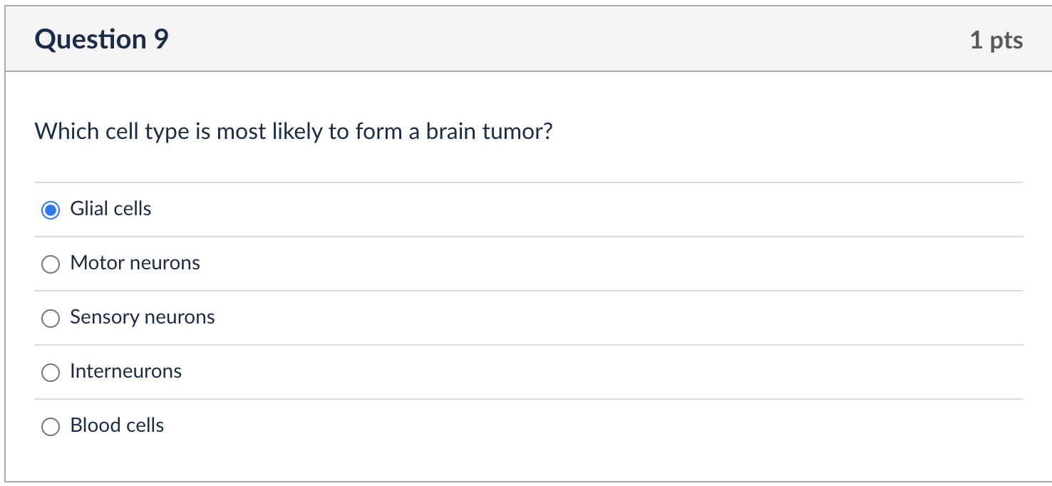 Question 9 Which Cell Type Is Most Likely To Form A Brain Tumor Glial Cells Motor Neurons Sensory Neurons Interneurons 1