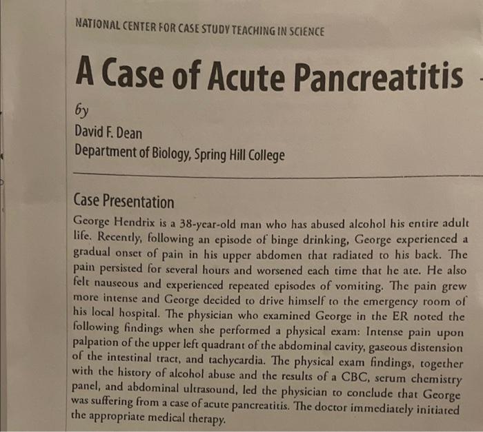 National Center For Case Study Teaching In Science A Case Of Acute Pancreatitis By David F Dean Department Of Biology 1