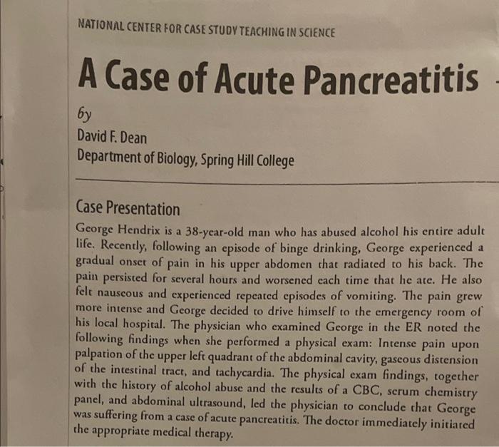National Center For Case Study Teaching In Science A Case Of Acute Pancreatitis By David F Dean Department Of Biology 1