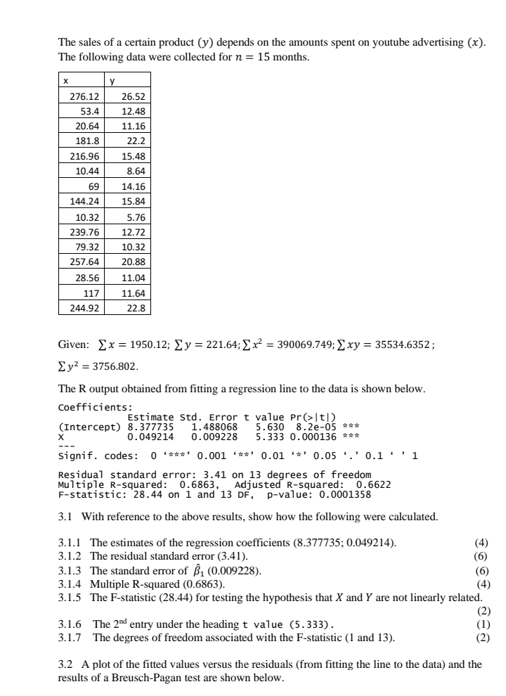 The Sales Of A Certain Product Y Depends On The Amounts Spent On Youtube Advertising X The Following Data Were Coll 1