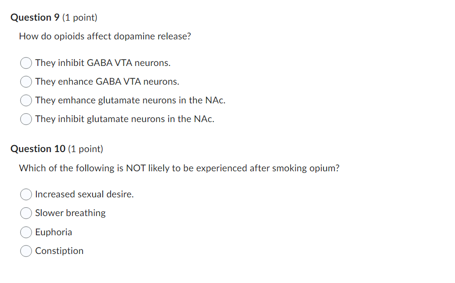 Question 9 1 Point How Do Opioids Affect Dopamine Release They Inhibit Gaba Vta Neurons They Enhance Gaba Vta Neuron 1