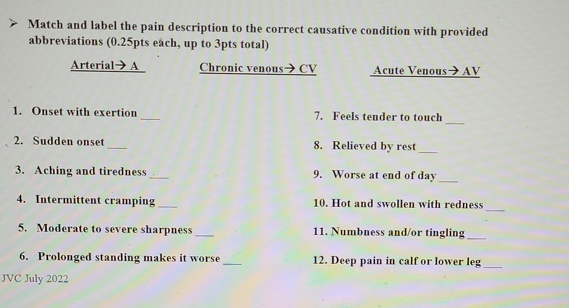 Match And Label The Pain Description To The Correct Causative Condition With Provided Abbreviations 0 25pts Each Up 1
