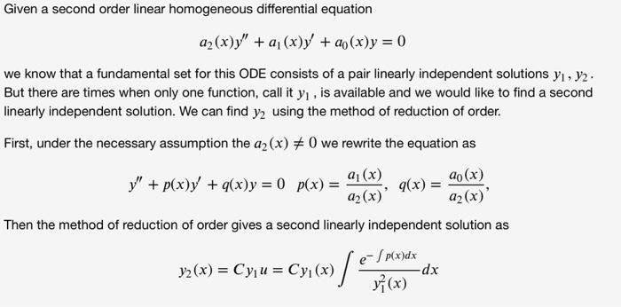 Given A Second Order Linear Homogeneous Differential Equation A X Y A X Y Ao X Y 0 We Know That A Fundamental 1