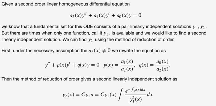 Given A Second Order Linear Homogeneous Differential Equation A X Y A X Y Ao X Y 0 We Know That A Fundamental 1