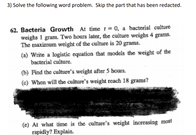 3 Solve The Following Word Problem Skip The Part That Has Been Redacted 62 Bacteria Growth At Time 0 A Bacterial 1