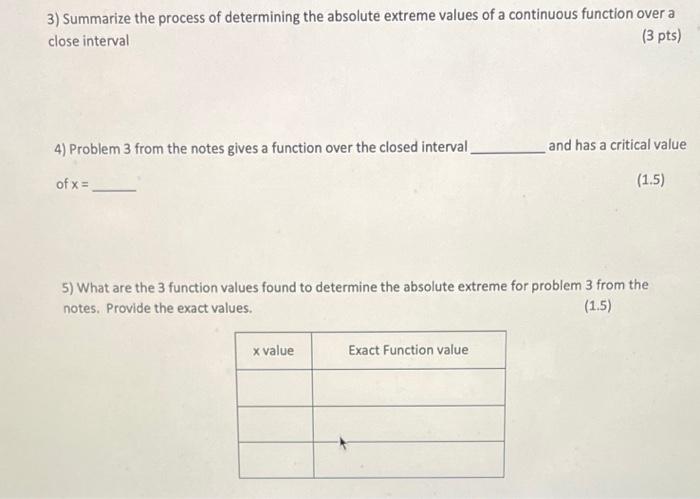 3 Summarize The Process Of Determining The Absolute Extreme Values Of A Continuous Function Over A Close Interval 3 Pt 1