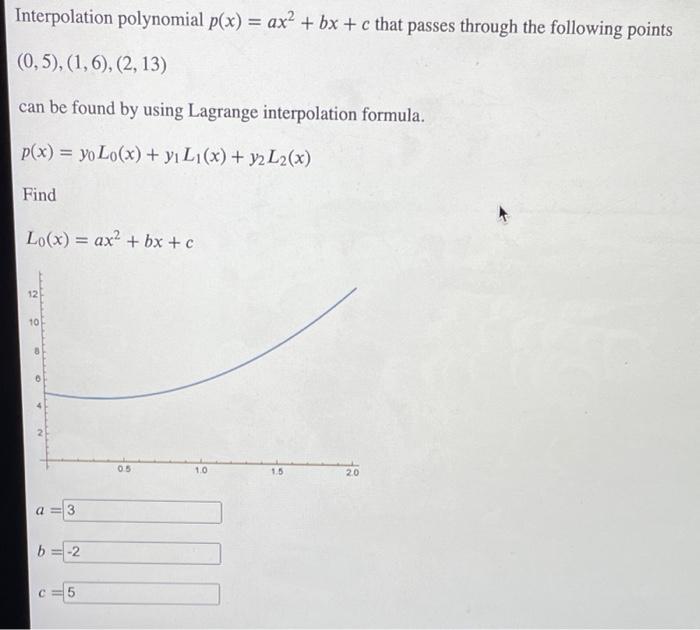 Interpolation Polynomial P X Ax Bx C That Passes Through The Following Points 0 5 1 6 2 13 Can Be Found 1