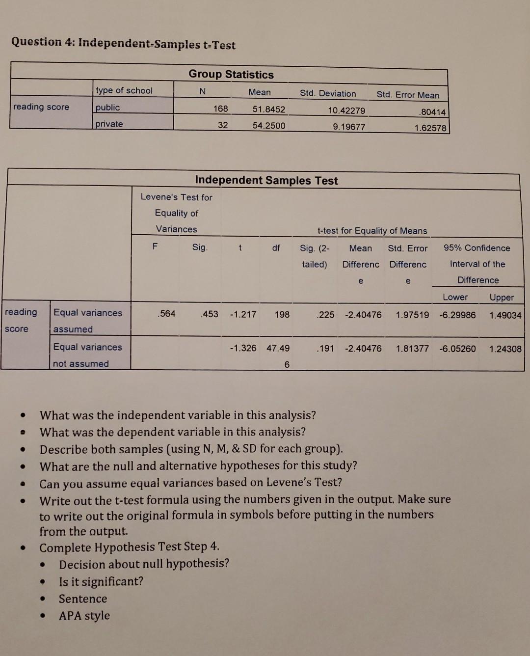 Question 4 Independent Samples T Test Group Statistics Type Of School N Mean Std Deviation Std Error Mean Reading Sco 1