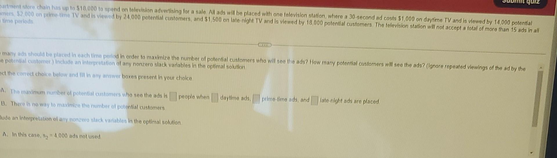 Dartment Store Chain Has Up To 10 000 To Spend On Television Advertising For A Sale All Ads Will Be Placed With One Tel 1